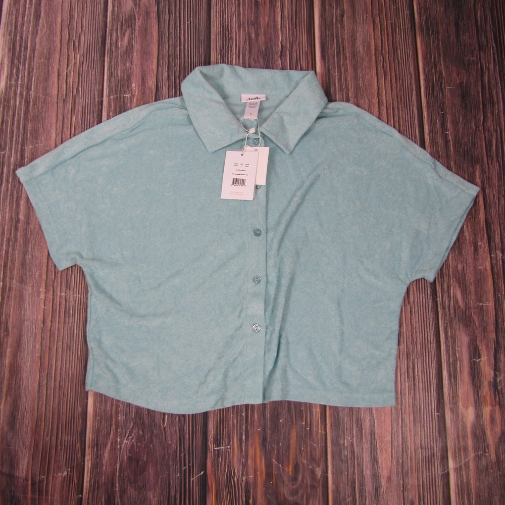 Andieโ NEW NWT Womens Small Blue Cropped Button Up Shirt Short Sleeve Collar